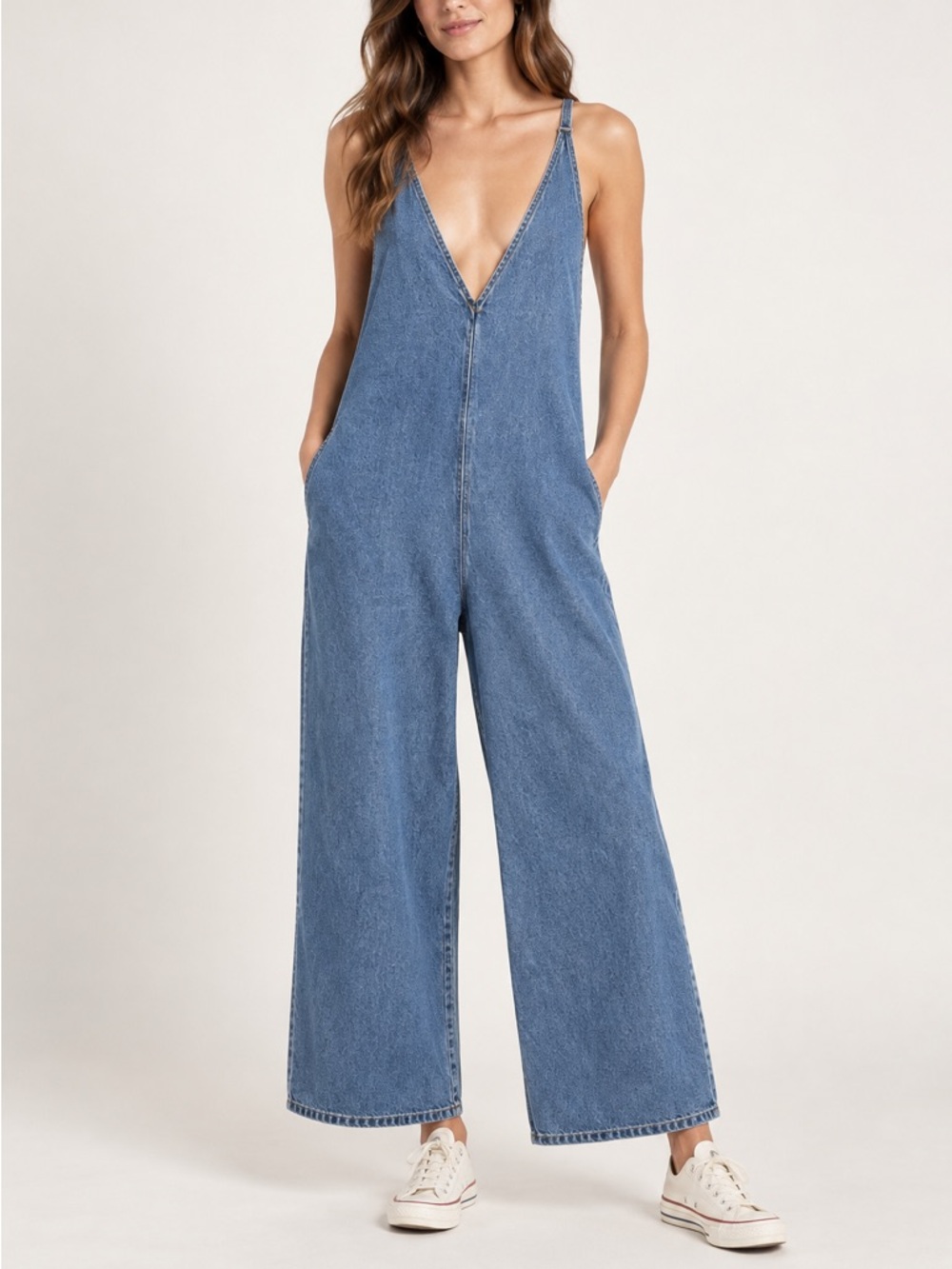 Lel Lab Denim Wide Leg Jumpsuit Baggy Plunging Neck Open Back Size 38/ Medium